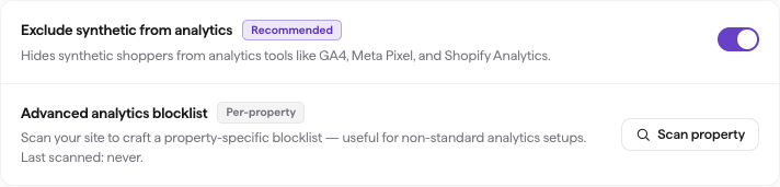Settings → Analytics & Privacy: the "Exclude synthetic from analytics" toggle switched on, and the "Advanced analytics blocklist" scan action below it