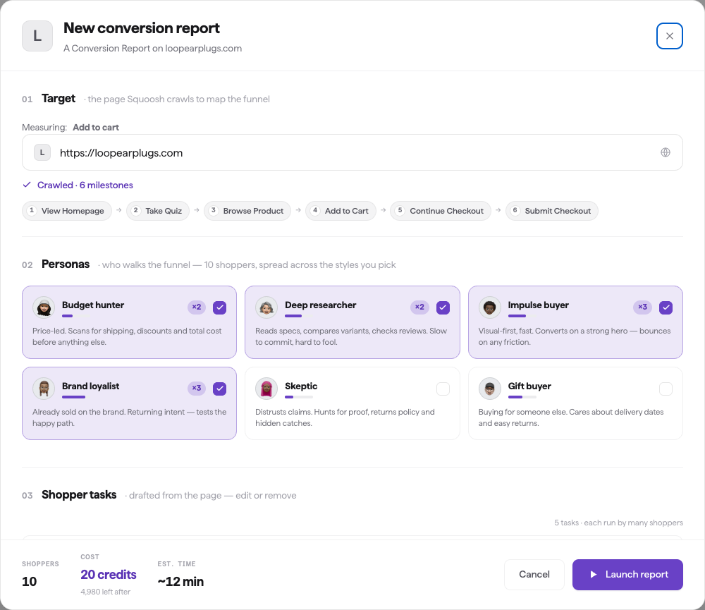 The Conversion Report builder: a crawled funnel of milestones, the archetype-style cards you toggle on or off, and a footer showing a fixed panel of 10 shoppers with the credit cost and estimated time