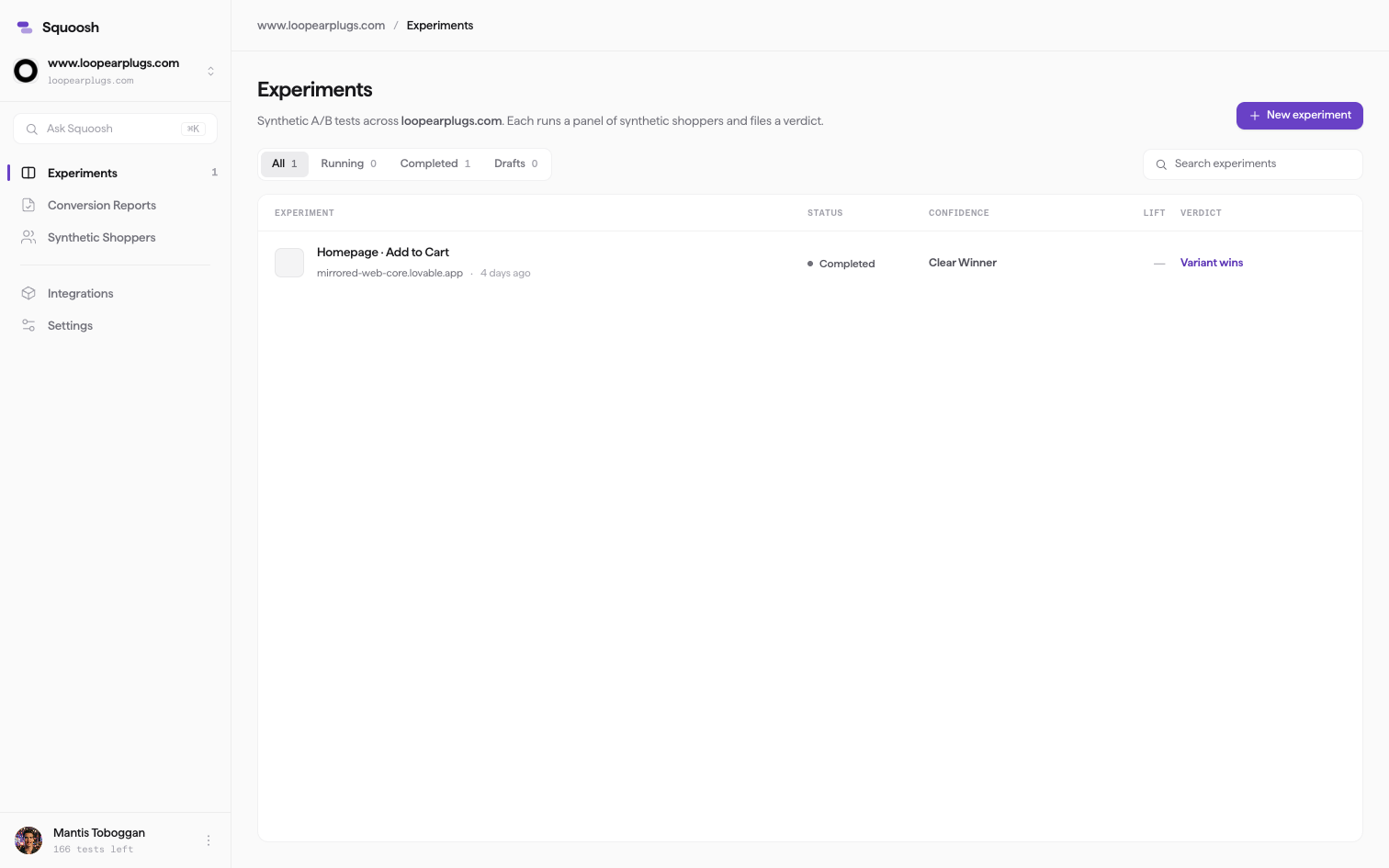 The Squoosh app showing the Experiments dashboard: a finished A/B test listed with its status, confidence, and "Variant wins" verdict