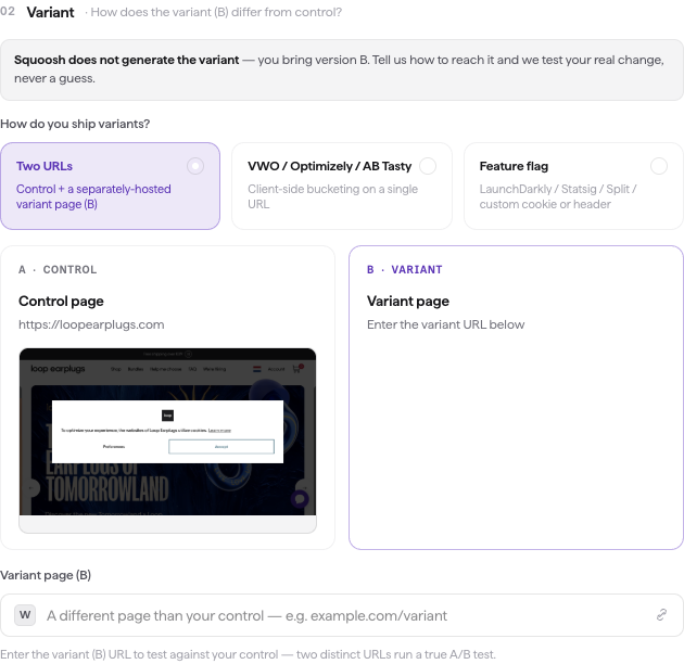 The A/B wizard's Variant step — "How do you ship variants?" with the three modes (Two URLs selected, VWO / Optimizely / AB Tasty, and Feature flag) above the Control (A) and Variant (B) cards