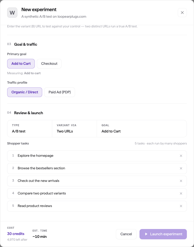 The A/B wizard's Review & launch step: a Type / Variant via / Goal summary, the five editable shopper tasks, and a footer showing the cost in credits and the estimated run time